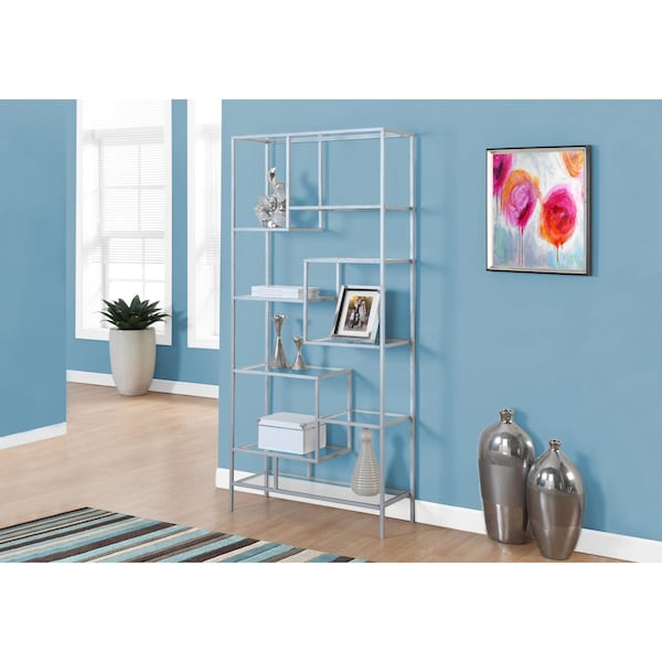 Monarch Specialties Bookshelf, Bookcase, Etagere, 72"H, Office, Bedroom, Metal, Tempered Glass, Grey, Clear I 7158 - main